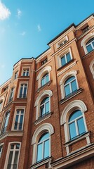 Obraz premium Low-angle view of a tall, ornate brick building against a partly cloudy sky