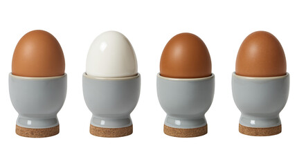 Four Boiled Eggs in Egg Cups, Isolated on White.