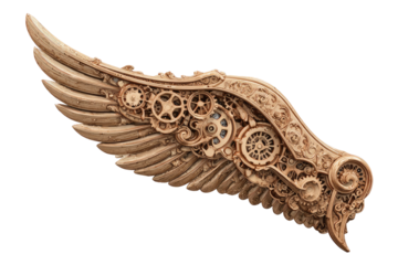 Ornate, light beige-tan wing, intricately carved with gears and cogs.  Detailed, stylized mechanical design, resembling a steampunk aesthetic.  Wing's structure is emphasized by the sculpted gears