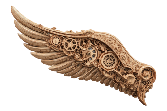 Ornate, light beige-tan wing, intricately carved with gears and cogs.  Detailed, stylized mechanical design, resembling a steampunk aesthetic.  Wing's structure is emphasized by the sculpted gears