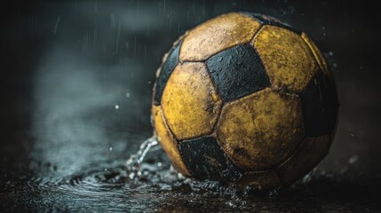 Fototapeta premium Worn yellow and black soccer ball splashes in dark, rain-soaked puddle; moody scene