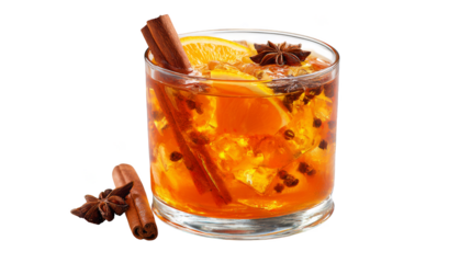 An aromatic spiced orange beverage served in a classic glass, beautifully garnished with fragrant cinnamon stick and whole star anise, creating warm festive holiday feeling.