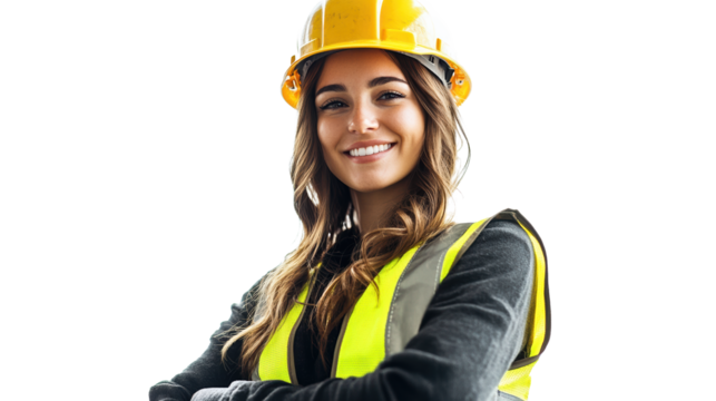 Construction Confidence: A confident female construction worker in a reflective vest and hard hat, radiating professionalism and expertise.