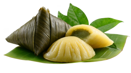 Two Types of Chinese Zongzi (Rice Dumplings) with Green Leaves, Isolated on White.