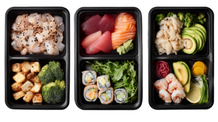 A colorful and diverse assortment of healthy preprepared meals in glass containers for an organized weekly meal plan.