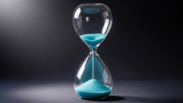 An elegant hourglass with blue sand flowing, symbolizing the inexorable passage of time and deadlines on a dark background.