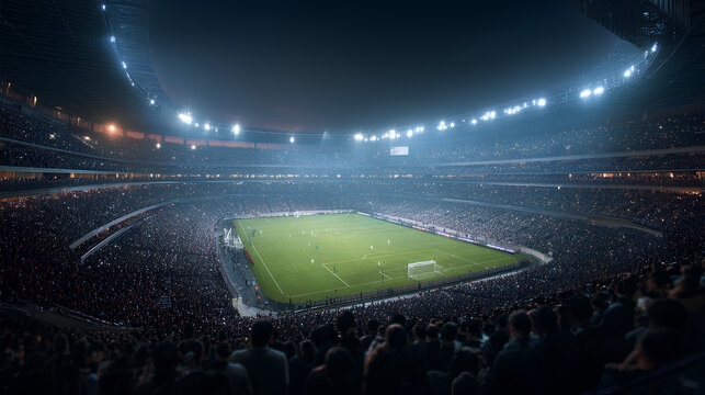 Night View of a Massive Soccer Stadium Filled With Spectators. Arena Is Packed With Fans Surrounding the Pitch. Thousands of Supporters at Major Sport Event. Behind the Goals Wide Shot