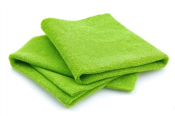 Two folded green microfiber cleaning cloths