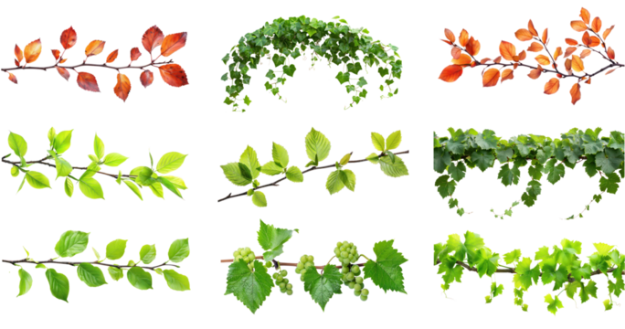 Collection of Autumn branch and leaves isolate on transparency background