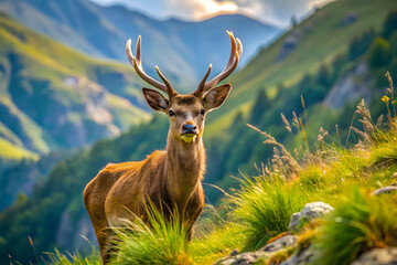 Deer looking at camera while grazing on grassy slope of Pyrenees mountain ridge on summer day in Spain