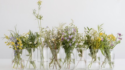 Collection of delicate wildflowers arranged in clear glass vases against a white background