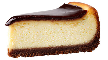 A decadent slice of classic new york style cheesecake with rich chocolate ganache topping and delicate drizzle, served on pristine white plate for gourmet dessert experience.