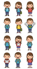 Collection Of Cartoon School Children Characters On Isolated Background Illustration