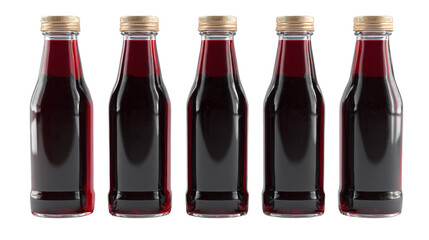 A sophisticated collection of five unlabeled red wine bottles elegantly arranged on rustic wooden table with lush bunch of dark grapes, classic still life composition.