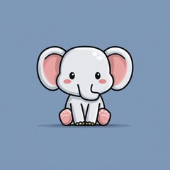 Fototapeta premium Adorable cartoon elephant logo in pastel colors on blue background, sitting with big eyes and pink ears, flat vector graphic with minimal design style, perfect for kids, baby brands, and clothing