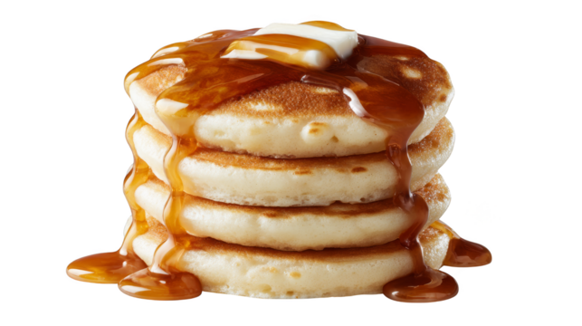 A delicious stack of fluffy, goldenbrown pancakes, generously drizzled with sweet maple syrup and topped with melting pat of butter, creating perfect appetizing breakfast.