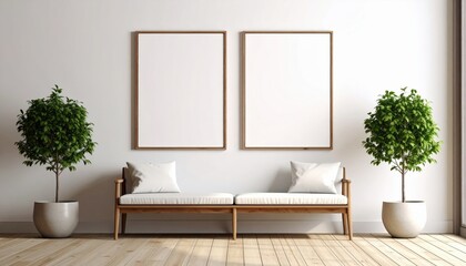 Minimalist Interior Wooden Bench Framed Art and Potted Greenery Against White Wall.