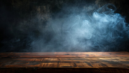 Empty old wood table with smoke in the dark background