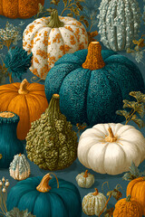 pattern of pumpkins and gourds in various sizes on a solid blue background, creating an elegant autumn wallpaper, fall halloween, thanksgiving