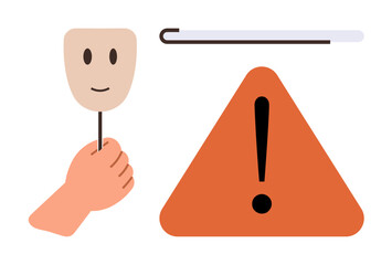 Hand holding smiling mask, exclamation-mark triangle warning symbol, and hidden rod. Ideal for caution, deception, online privacy, fake identity, safety, trust issues simple flat metaphor