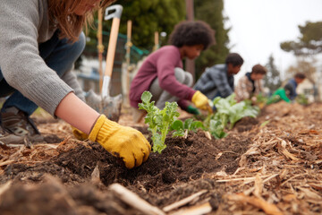 Fototapeta premium Afternoon in a community garden with fresh soil and tools nearby A group of teens are planting vegetables for families in need