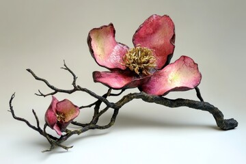 Fototapeta premium Intricate paper flower arrangement on a dark branch.