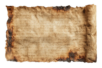Aged parchment scroll, burnt edges.  Textured,  ancient