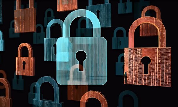 
A digital illustration depicting multiple padlocks in shades of blue and red, representing data security. The background is filled with binary code to symbolize the technological aspect.