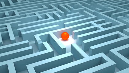Orange Sphere Centered in a Complex 3D Maze with Abstract Geometry and Intricate Pathways