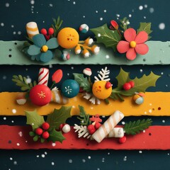 Fototapeta premium Colorful Christmas Decorations with Flowers and Candies on Dark Background