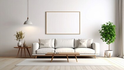 Minimalist Living Room Interior with White Sofa Blank Frame and Green Plant.
