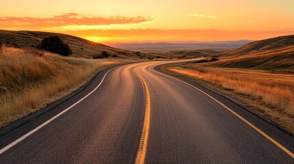 Naklejka premium Winding road at sunset through golden hills