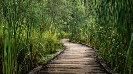 Winding boardwalk path through lush green reeds, tranquil nature scene, perfect for relaxation or travel brochures