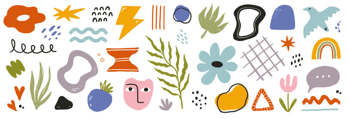 Shape abstract vector graphic icon set. Abstract graphic summer modern art element, flower doodle, geometric collage background. Trendy crayon scribble pastel texture. Vector illustration