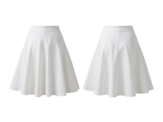 Elegant and pristine white flared skirts displayed on an isolated transparent display for fashion