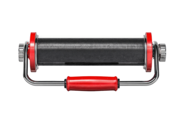 Dark gray/black cylindrical rollers with red handles.  Industrial/mechanical