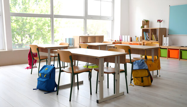 Bright and Open Classroom with Empty Desks and Colorful School Supplies Including Backpacks in a Serene Learning Environment