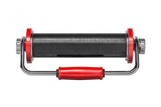 Dark gray/black cylindrical rollers with red handles.  Industrial/mechanical