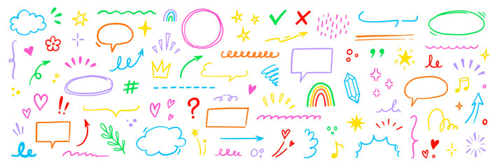 Cute line element icon set. Hand drawn heart, star, cloud brush stroke colorful cartoon style. Funny doodle sketch arrow, heart, flower marker decoration for kid art design. Vector illustration