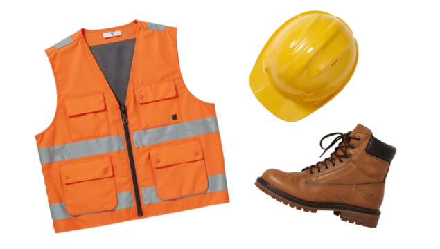 Essential safety gear high visibility vest yellow hardhat and leather work boot equipment isolated