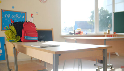 Bright and Cheerful Empty Classroom with School Supplies and Backpacks in Daylight