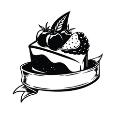 Cake Slice Woodcut Vector Illustration - Vintage Dessert & Bakery Engraving with Banne