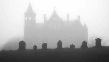 Foggy Graveyard with Mysterious Haunted House Silhouette