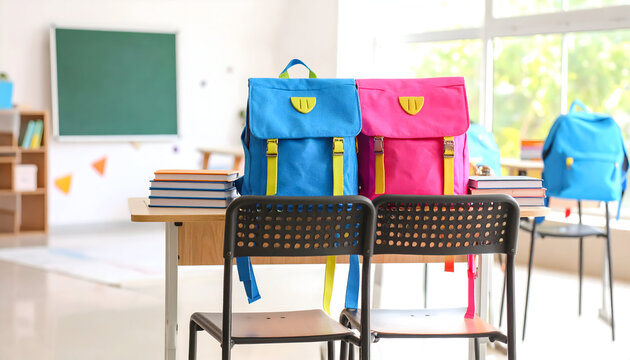 Empty Classroom Ready for New School Year with Colorful Backpacks on Chairs and Educational Supplies on Desks - Powered by Adobe