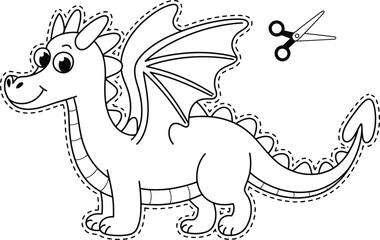 Fototapeta premium Scissor Skills Cartoon dragon with scissors for cutting practice craft