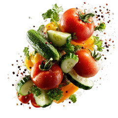 Flying vegetables mix with tomato, bell pepper, cucumber in mid-air, white and transparent background.