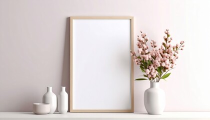 Minimalist Mockup Empty Frame Pink Flowers White Vases Soft Light.