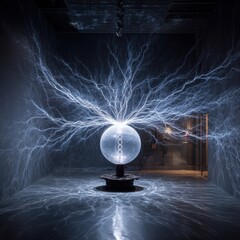 Plasma sphere exhibit glows in dark museum room