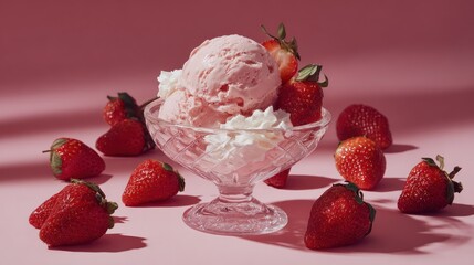 Strawberry ice cream in crystal dish, whipped cream, fresh strawberries, pink background