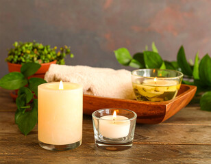 Cozy Spa and Wellness Scene with Burning Candles, Aromatherapy, and Natural Plants on Rustic Wooden Table
